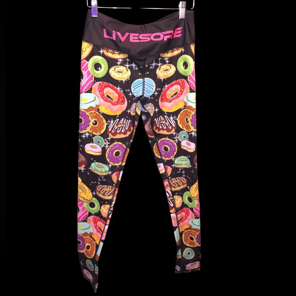 NWT LIVESORE Graphic waist in pink donut 🍩 themed multi colored leggings
